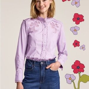 Old Navy x Anna Sui Lilac Embroidered Ruffle Button-Down Shirt